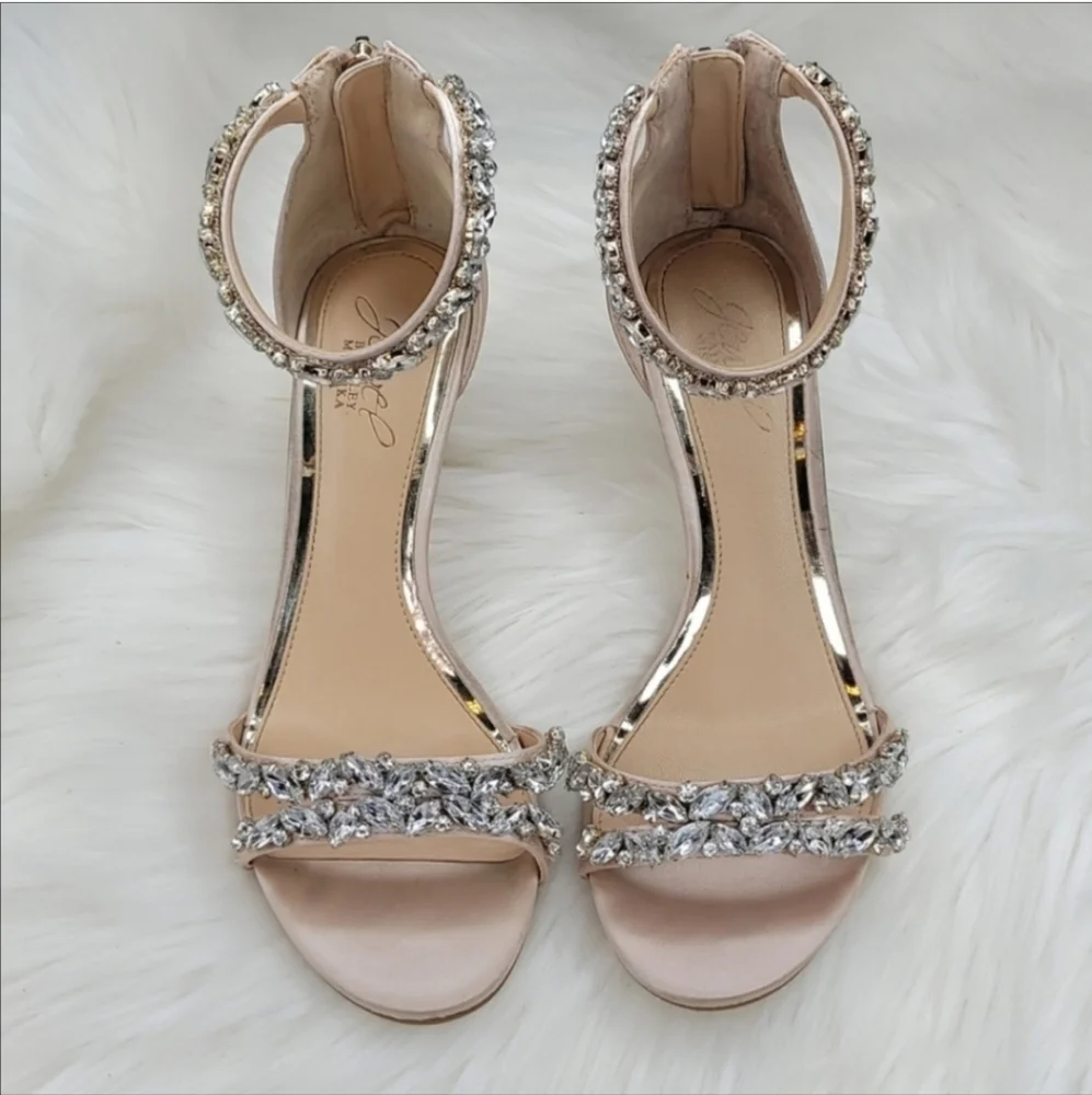 JEWEL BADGLEY MISCHKA Caroline Embellished Strap Evening Shoe Heels Champagne